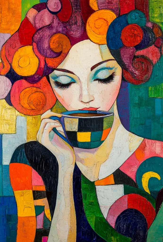 The painting is a vibrant and colorful portrait of a woman with closed eyes, drinking from a colorful cup. Her hair is a whirlwind of abstract shapes in shades of red, pink, yellow, and blue.  The woman's face is painted with delicate details, while the background is a mix of geometric shapes and bold colors. The image is full of life and energy, and it evokes a sense of peace and tranquility.