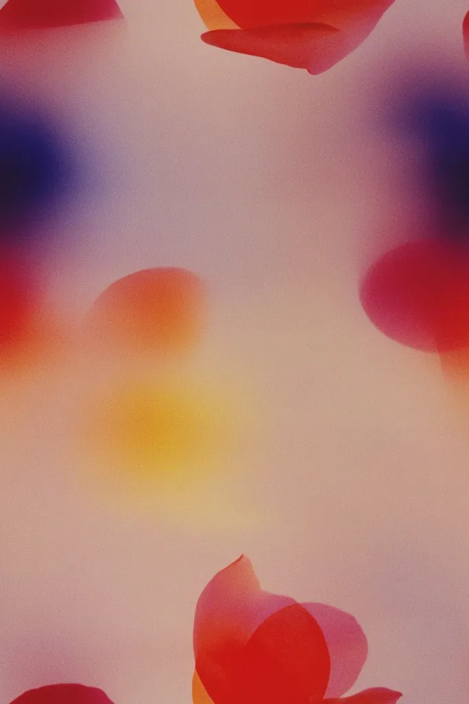 A soft, abstract background with blurred shapes in shades of red, pink, yellow, and blue. Two large red flower petals are in the bottom right corner, while smaller, faded petal shapes are scattered throughout the rest of the image. The overall effect is one of gentle, ethereal beauty.