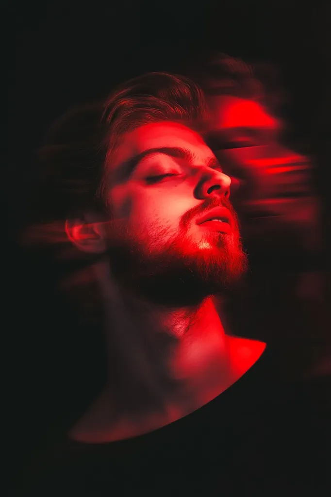 A young man with a beard is illuminated in red light.  He has his eyes closed and his head is tilted back. He is wearing a black shirt, and the background is dark. There is a blurred red shape behind his head.  The photo has a dark and moody atmosphere.  The red light makes the man's face appear almost ethereal.