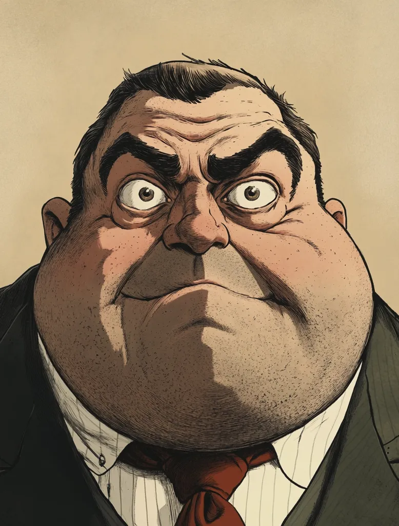 The image depicts a close-up portrait of a man with a large, round face and a stern expression. His eyes are wide and intense, and his eyebrows are furrowed in concentration. His lips are pursed tightly together, suggesting he is holding something back. He is wearing a dark suit and a red tie, giving him a professional, yet slightly menacing appearance. The overall tone of the image is one of seriousness and anticipation.