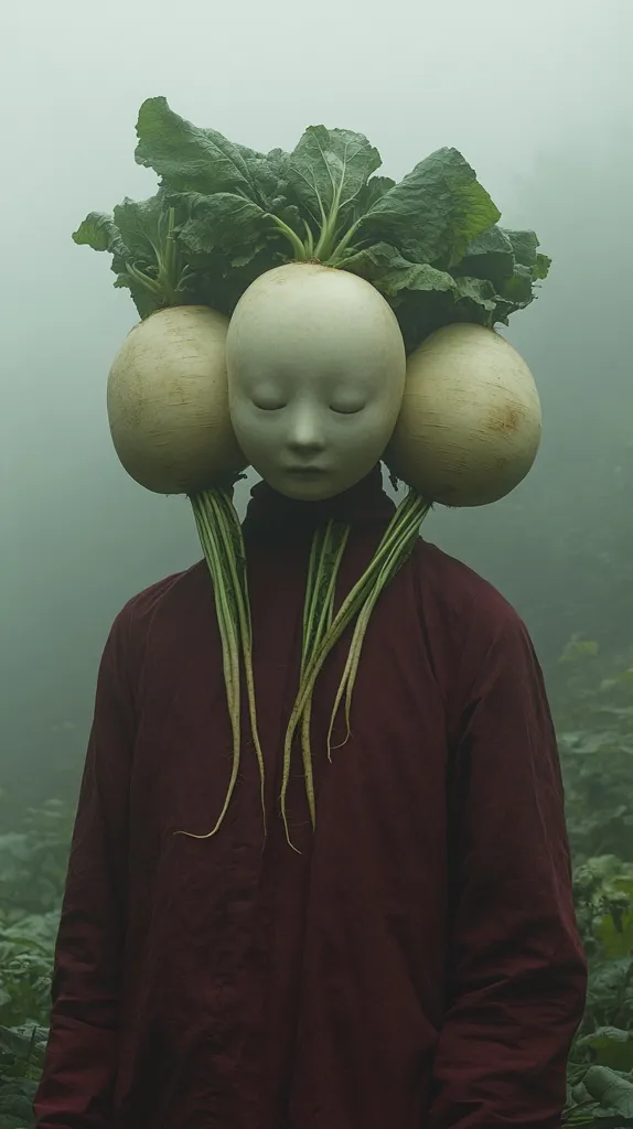A person is wearing a red shirt and has their head replaced by three large white turnips.  The turnips have green leafy stems that hang down like long green hair. The person is standing in a foggy green field, and the overall image creates a surreal, unsettling atmosphere.