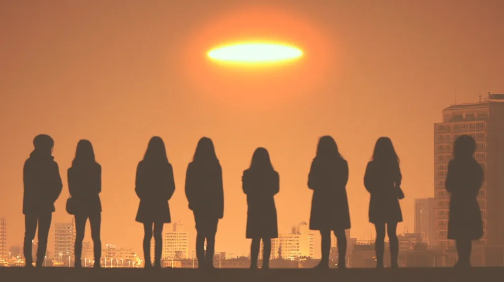 Seven silhouetted figures stand in a row against a cityscape with a bright orange sunset. The figures are all women, and they are standing in a row facing the viewer. The cityscape is in the background, and there are several tall buildings visible. The sunset is in the background, and it is casting a warm orange glow over the scene. The figures are standing on a rooftop, and they are all looking out at the cityscape.