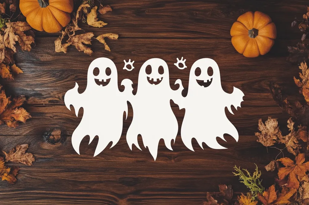 Three white ghost cutouts are arranged across the middle of a woodgrain background. The ghosts are smiling and have outstretched arms. Autumn leaves and two pumpkins are scattered around the edges of the image. The scene is a festive and playful Halloween decoration.