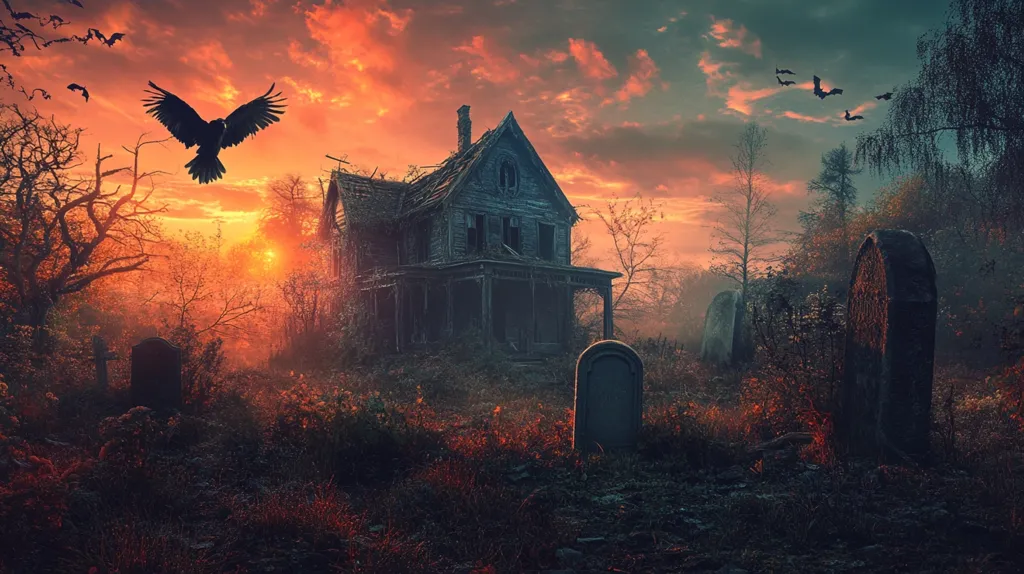 A dilapidated, two-story house sits in a graveyard, shrouded in a mist. Bats fly across an ominous, orange sky. The setting sun casts an eerie glow on the scene, highlighting the weathered wood of the house and the towering tombstones.  A large, black bird soars overhead, adding to the sense of mystery and decay. The image evokes a feeling of solitude, history, and the passage of time.