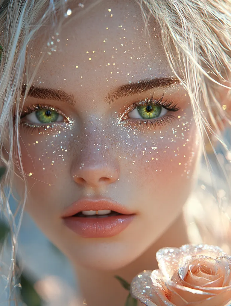 Girl with green eyes, blonde hair, vampire, fangs, wearing glitter makeup, holding roses, illustration painting, beautiful roses, glitter and diamond dust, sparkling eyes, glittering background, dreamy holographic rainbow colors, soft lights, holographic effect, kawacy, dreamy colors, ethereal background, high resolution, combination of virtual and real, fairy tale illustration, beautiful --ar 3:4 --s 500