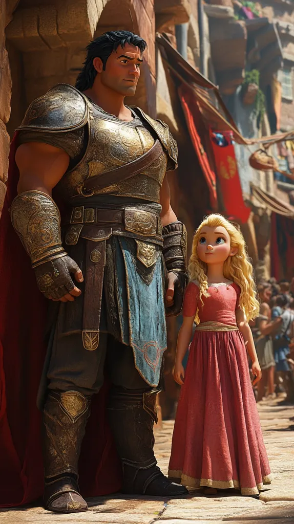 A muscular, armored man with dark hair and a serious expression stands next to a young girl with long blonde hair. She is dressed in a red dress and looks up at him with a hopeful expression. They stand in a bustling marketplace, with colorful banners and crowds of people in the background. The scene evokes a sense of adventure and mystery.