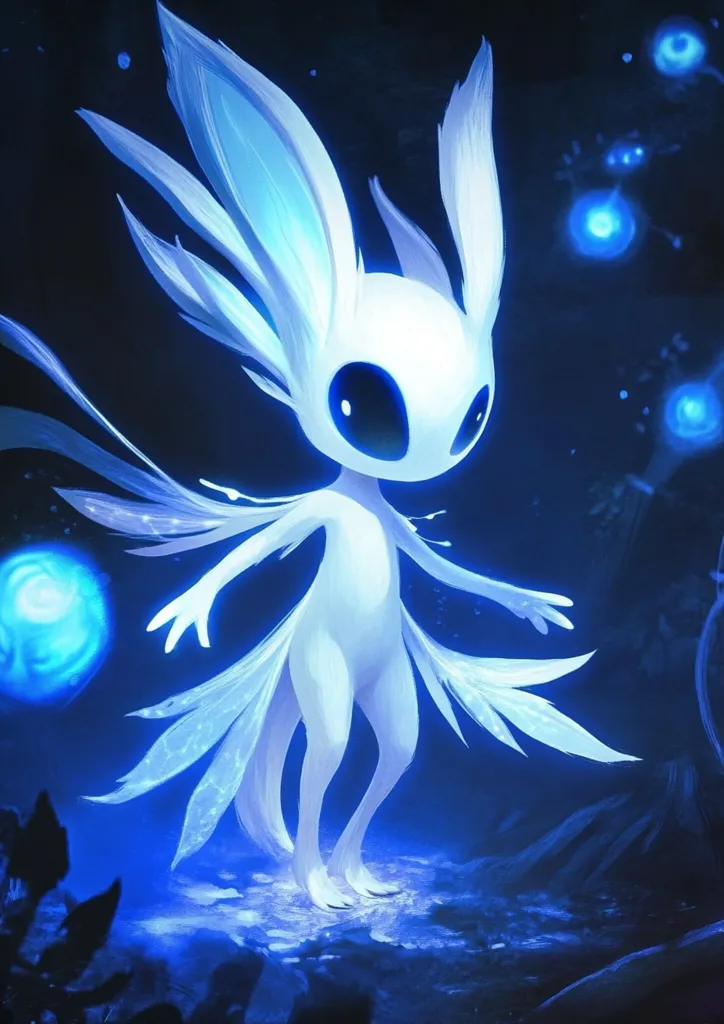 A glowing white creature with large ears and a flowing tail stands in a dark, blue-lit forest. Its large, black eyes shine brightly, and its body is outlined by a faint, ethereal glow. It appears to be a spirit or a mythical creature. The surrounding trees and plants are obscured by the darkness, but a few glowing orbs float in the air, adding to the magical atmosphere.