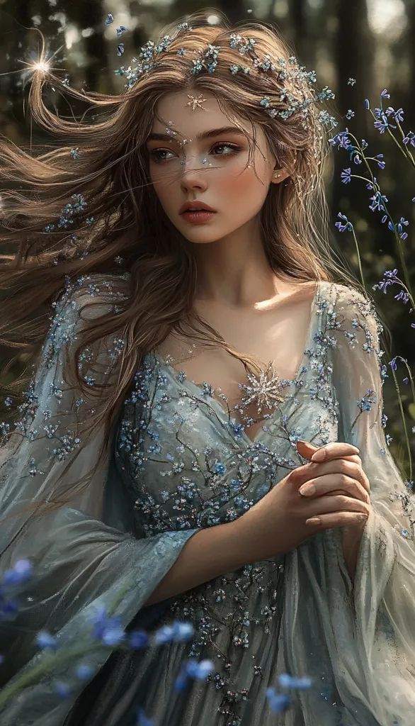 A beautiful woman with long flowing brown hair, adorned with delicate blue flowers, looks wistfully to the side. Her light blue gown is embellished with sparkling details and she wears a simple silver star on her forehead. She is standing in a forest, surrounded by bluebells. The image evokes a sense of magic and wonder.