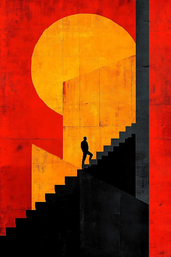 The image is an abstract interpretation of a person walking up a set of stairs. The background is a contrasting red and orange, with a large circle shape at the top. The person is in silhouette, and the stairs are dark and angular. The overall feeling of the image is one of upward movement and progress, but also of mystery and uncertainty. The abstract style of the artwork suggests that the path to success is not always clear, but with determination and perseverance, it can be achieved.