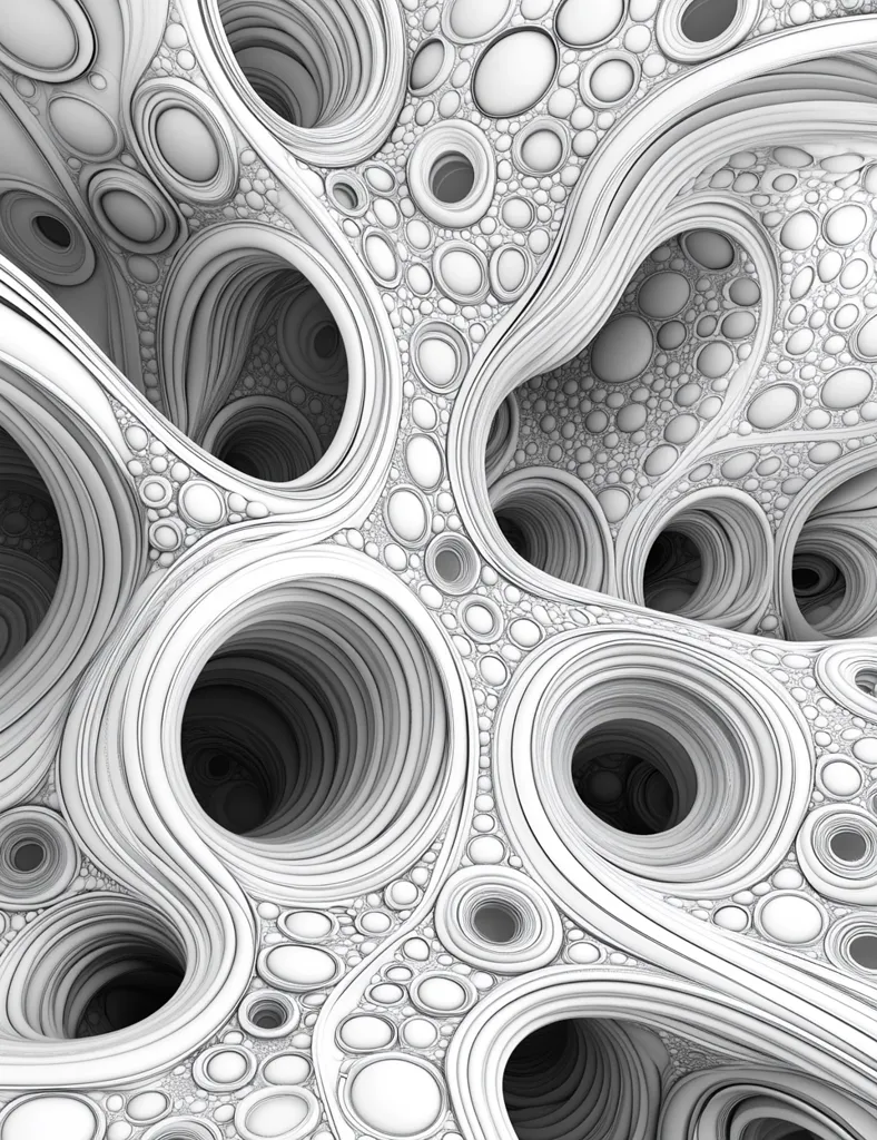 The image is a black and white abstract fractal, resembling a cavernous landscape with a chaotic pattern of circles and swirls. The depth and dimensionality are enhanced by the play of light and shadow, creating an illusion of tunnels and recesses. The intricate details and complex geometric shapes evoke a sense of wonder and intrigue, suggesting a hidden and unknown world within.