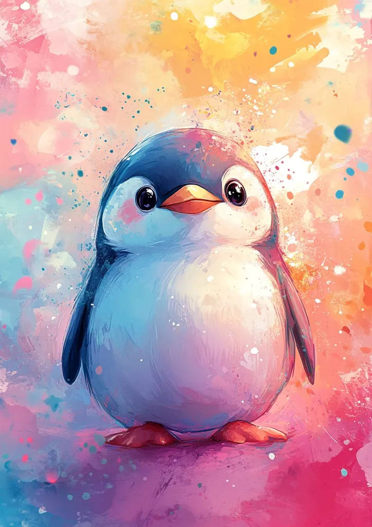 A cartoon penguin with big, round eyes is standing on a colorful background. The penguin is painted in a bright, cheerful style with soft, fluffy feathers. The background is a mix of pink, purple, and yellow with splashes of color. The overall impression is one of sweetness and innocence.