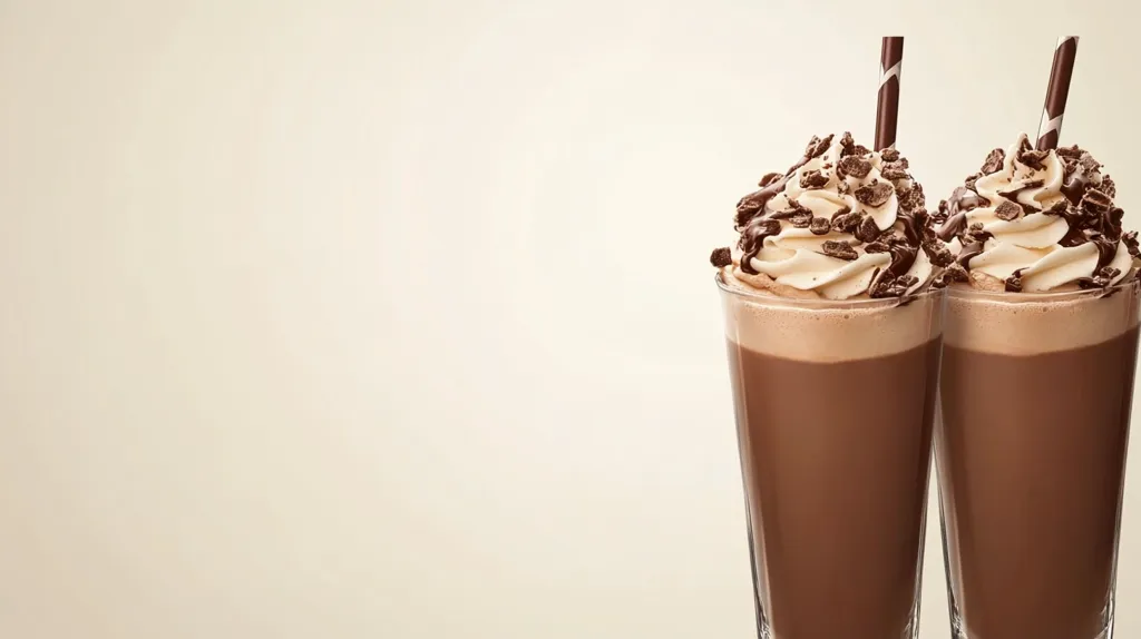 Two tall glasses of chocolate milkshakes with whipped cream, chocolate shavings, and straws are on a white background. The milkshakes are tall and refreshing, and the chocolate shavings add a touch of sweetness and indulgence. The image is a classic representation of a delicious and decadent treat.