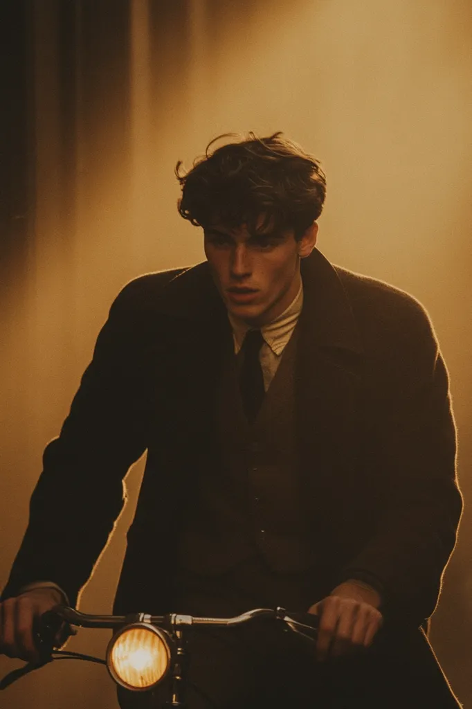 A young man in a dark suit and tie sits on a motorcycle, his face illuminated by the warm glow of the headlight. The scene is bathed in a soft, golden light, creating a nostalgic atmosphere. The man's focused expression suggests a sense of determination or purpose. The overall image evokes a sense of mystery and intrigue.