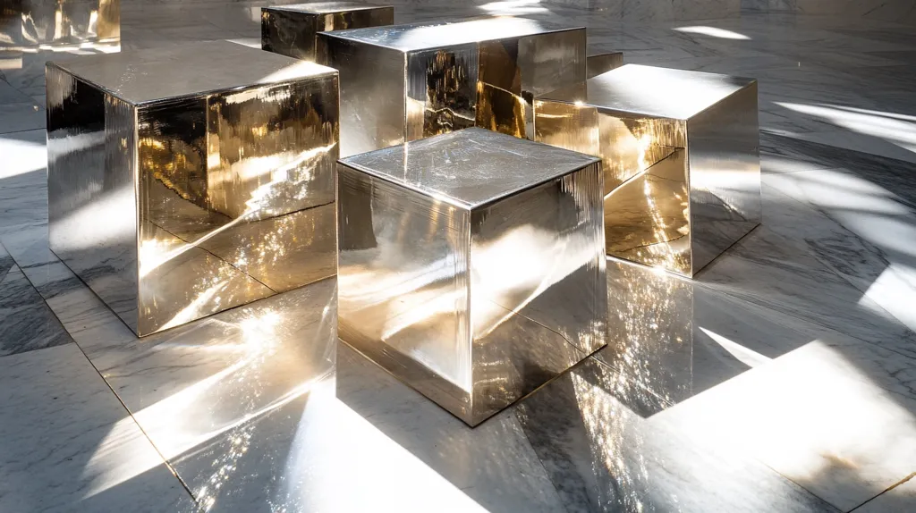 Five shiny, metallic cubes are arranged on a white marble floor. The cubes reflect the light, casting a shimmering pattern across the floor. The cubes are arranged in a way that suggests a sense of order and balance. The image evokes a sense of luxury and sophistication.  The sunlight creates a dramatic interplay of light and shadow, adding depth and dimension to the composition.