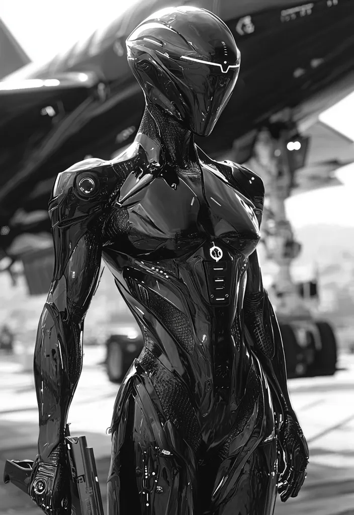A black and white image of a robotic figure, clad in a sleek, futuristic suit, stands in front of a blurred out aircraft. The suit is highly detailed with intricate lines and curves, emphasizing the figure's humanoid form. The figure holds a gun in its left hand, with a serious and intense expression, suggesting a sense of power and purpose. The backdrop of the aircraft adds a sci-fi atmosphere to the scene.