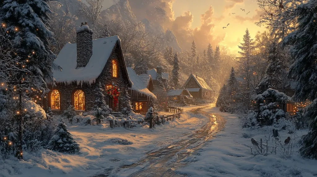 A quaint village nestled in a snowy forest, bathed in the warm glow of a setting sun.  Charming stone cottages, with windows glowing, line a snow-covered path.  The trees are laden with snow, and the air is filled with a peaceful tranquility.  A few birds are perched on a branch, adding a touch of life to the scene.  The image evokes a sense of cozy warmth and winter wonder.