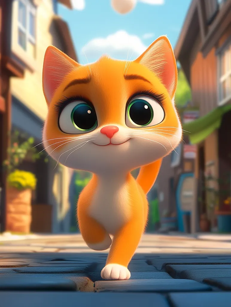 An adorable orange tabby cat with large, green eyes walks on a cobblestone street. The cat has a friendly, curious expression and appears to be looking toward the camera. The background is a colorful, cartoonish cityscape.  The scene is likely from a children's movie or animation.
