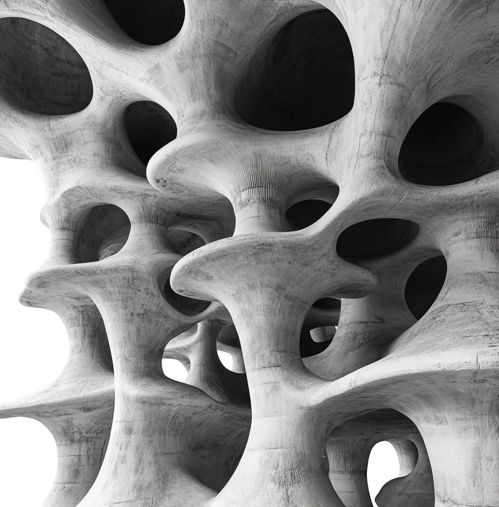A close-up of a concrete structure with a honeycomb-like design. The image is in black and white, highlighting the texture and depth of the structure.  The numerous irregular shapes and holes create a sense of depth and complexity, making the structure appear both organic and abstract. The image is a study in form and texture, showcasing the beauty of concrete in a unique and unexpected way.