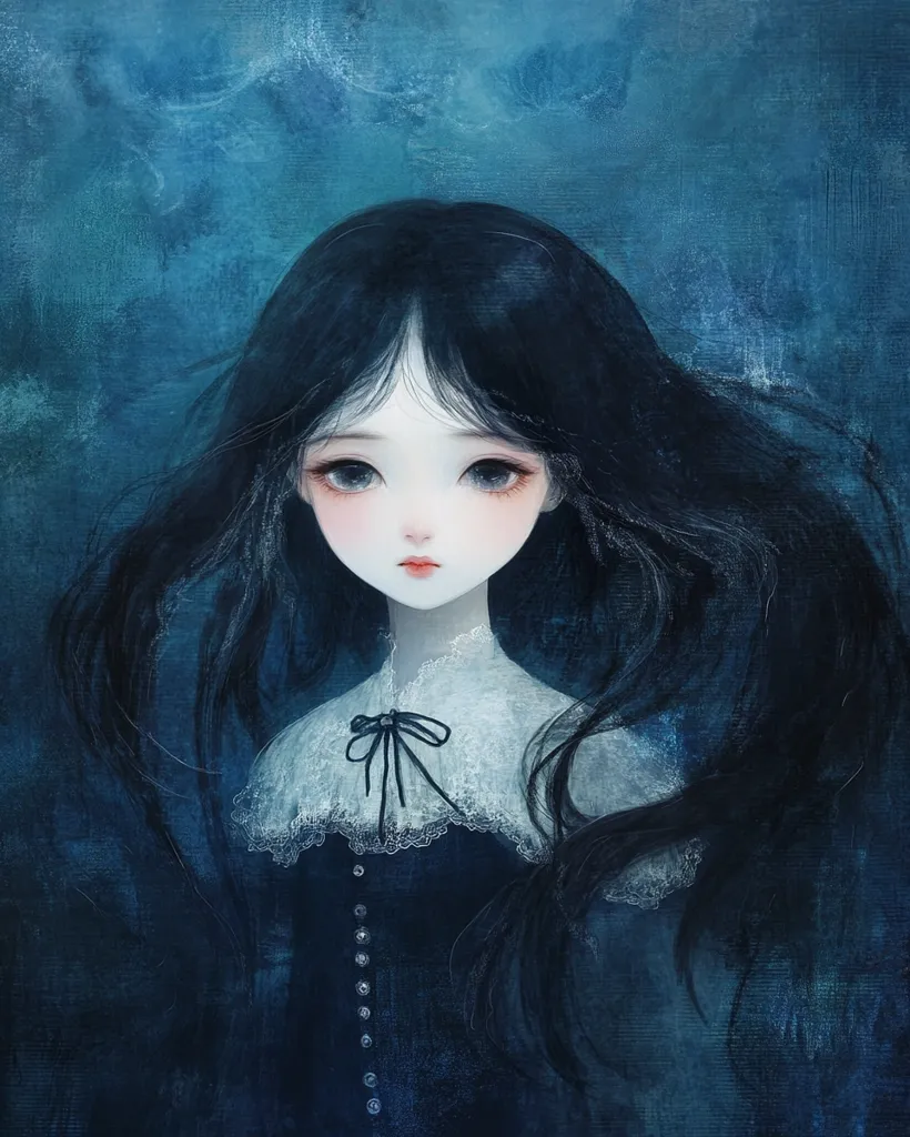 A young girl with long black hair and large, expressive eyes stares directly at the viewer. She has pale skin and wears a black dress with a white lace collar. The background is a deep blue, almost black, with subtle hints of texture.  The overall image evokes a sense of mystery and melancholy.