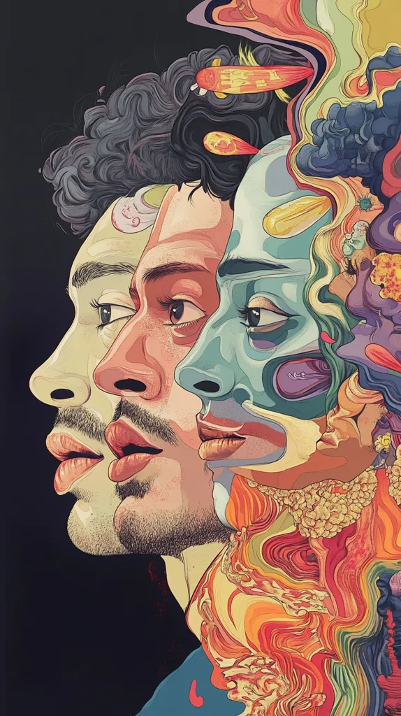 The image is a close-up of two people's faces, seemingly intertwined. The left face is a man with dark hair and a beard, while the right face is a woman with bright blue skin. The woman's face is covered in swirling, psychedelic patterns. The background is a dark, abstract swirl of color. The faces appear connected in a way that suggests a deep and complex relationship. The art style is bold and vibrant, with sharp lines and bold colors. It evokes feelings of intensity and mystery.
