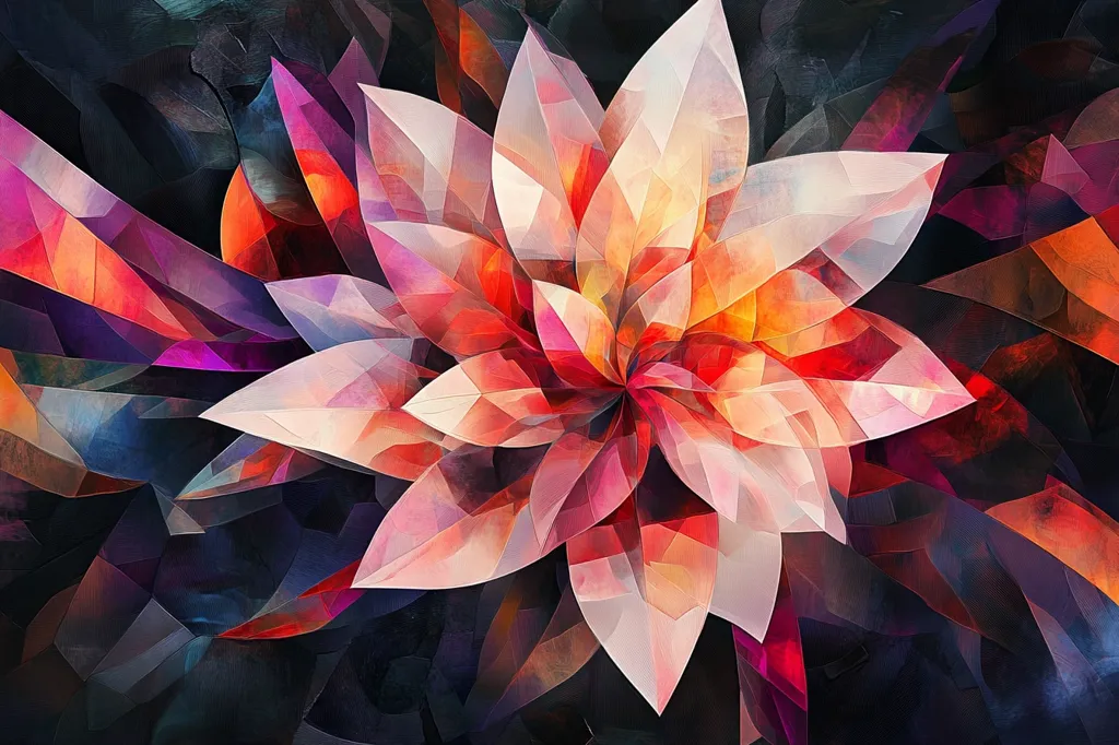 A stylized, abstract flower with pink and red petals. The petals are geometric in shape and have a painterly, watercolor effect. The background is a deep blue and purple. The image is a vibrant and colorful representation of a flower.