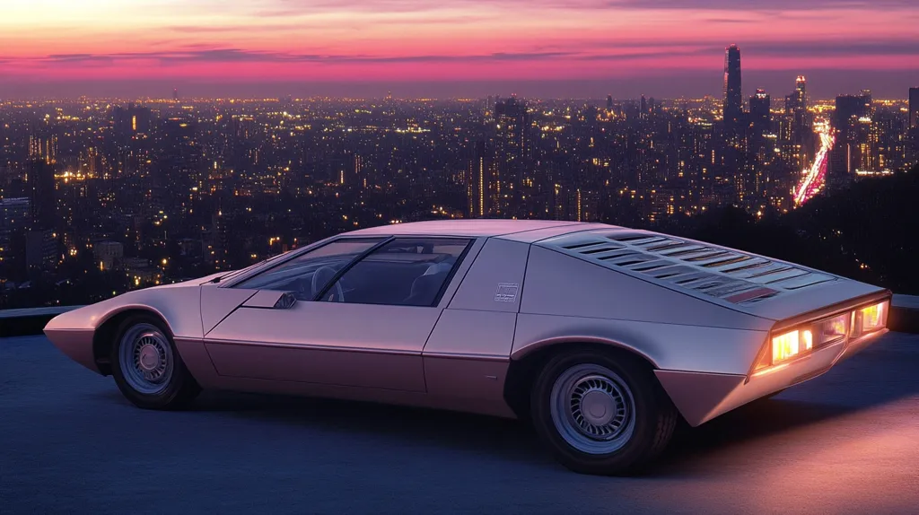 A sleek, silver sports car sits parked on a rooftop overlooking a sprawling city skyline. The sky is a vibrant pink and purple as the sun sets, casting a warm glow over the cityscape. The car's design is futuristic, with sharp lines and a low profile. It's a captivating scene that evokes a sense of both speed and tranquility.