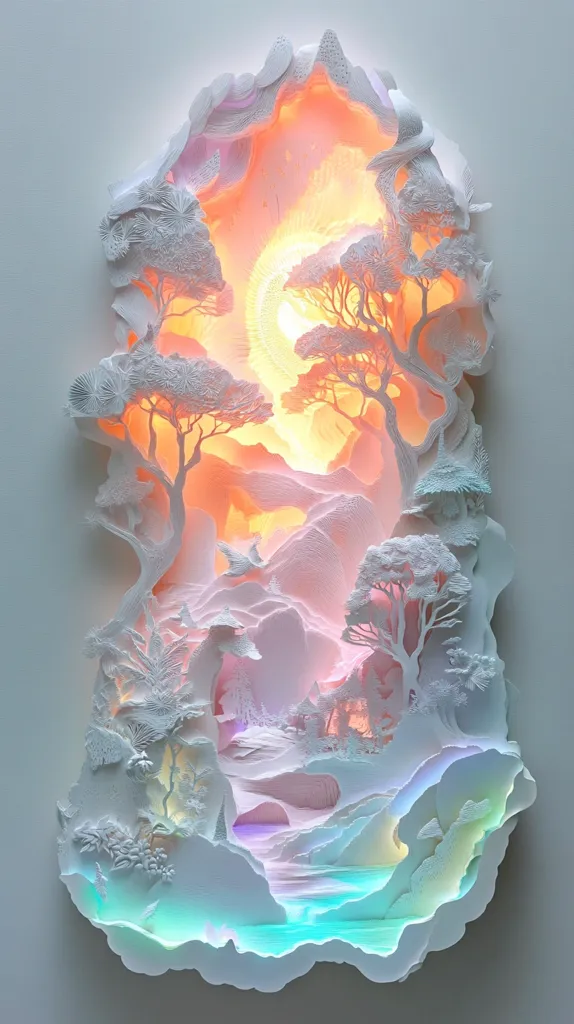 A white paper sculpture depicting a fantastical landscape. The sculpture is lit from behind, creating a warm, ethereal glow. Intricate details are carved into the paper, creating the illusion of trees, mountains, and a river. The overall effect is one of serenity and wonder.