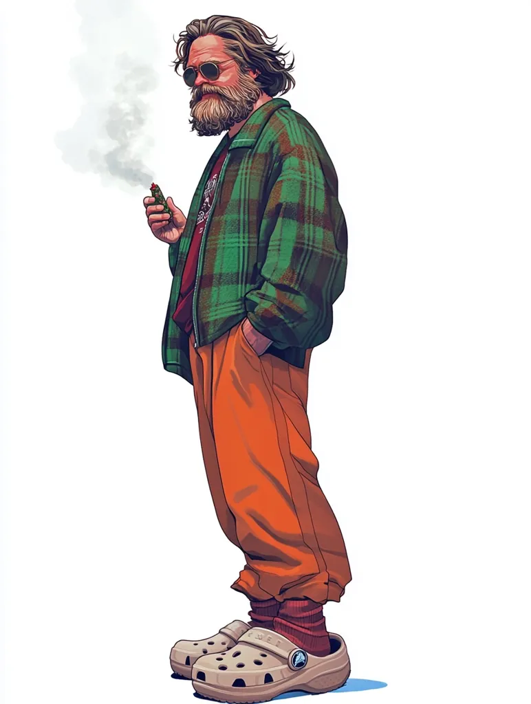 A man with a long beard, wearing sunglasses, a green plaid jacket, orange pants, and beige Crocs, stands with a hand in his pocket and a lit cigarette in his other hand. The cigarette is releasing a cloud of smoke. The man has a relaxed, slightly bored expression. The background is white.