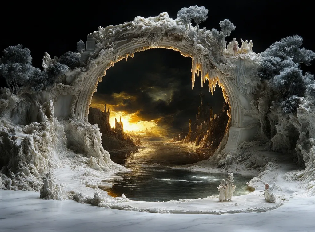The image depicts a fantastical scene with a large, ice-like archway framing a view of a distant city bathed in the golden light of a setting sun. The city appears to be built on a river, with its towers and spires reflecting in the water. The archway is surrounded by a snowy landscape, with small figures standing at the base. The composition suggests a journey through a magical realm, with the archway serving as a portal to another world.
