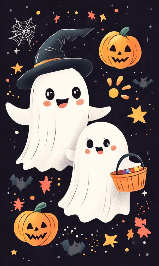 Two friendly ghosts are trick-or-treating on Halloween night. The larger ghost wears a witch's hat and smiles brightly. The smaller ghost carries a basket overflowing with candy. They are surrounded by stars, bats, and pumpkins, creating a fun and festive Halloween scene.
