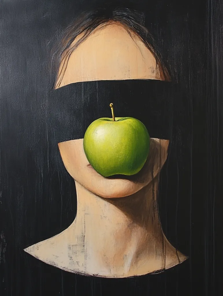 The painting depicts a woman with her eyes covered by a black band, her mouth slightly open, with a green apple positioned in front of it. The background is a dark, almost black canvas, with a slightly textured surface. The painting evokes a sense of mystery and intrigue, with the focus on the woman's concealed eyes and the symbolic apple. The overall effect is one of secrecy and hidden knowledge.