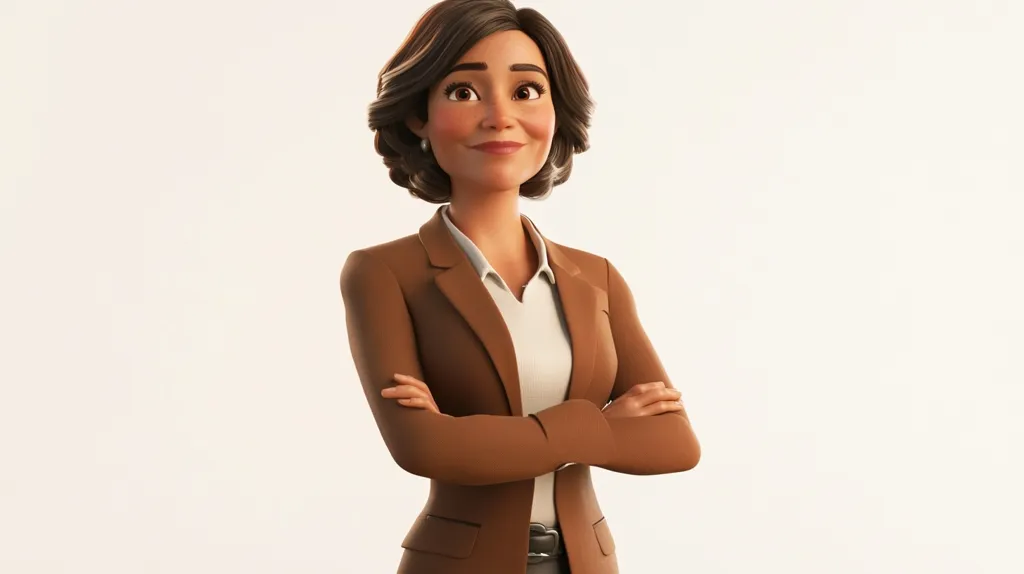 The image shows a cartoon woman with short brown hair. She is wearing a brown blazer over a white shirt. She is standing with her arms crossed and smiling confidently. She appears to be in a professional setting, possibly in an office. The background is a plain white wall.