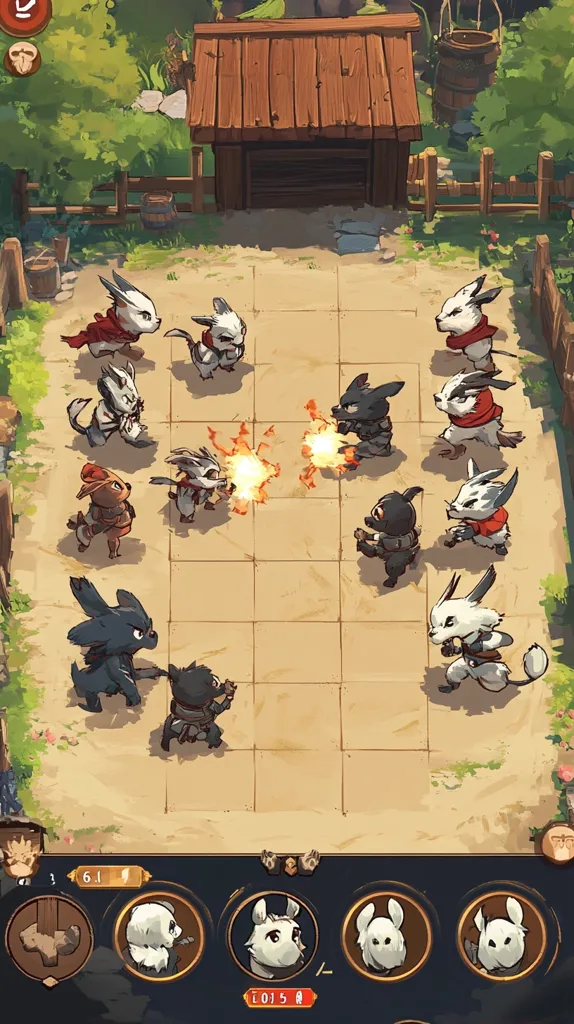 The image depicts a turn-based strategy game with a top-down perspective. A group of small, furry creatures with different colors and abilities are positioned on a grid-like battlefield. They are engaged in combat, with some characters attacking while others defend. The background features a wooden hut and lush greenery.  At the bottom of the screen, a menu displays the player's available units and their stats.