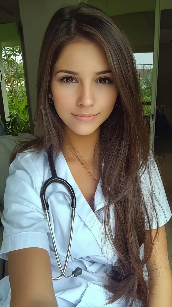 A young woman with long brown hair is wearing a light blue medical scrubs. She has a stethoscope hanging around her neck and is looking directly at the camera with a neutral expression. The background is out of focus, suggesting a close-up shot.
