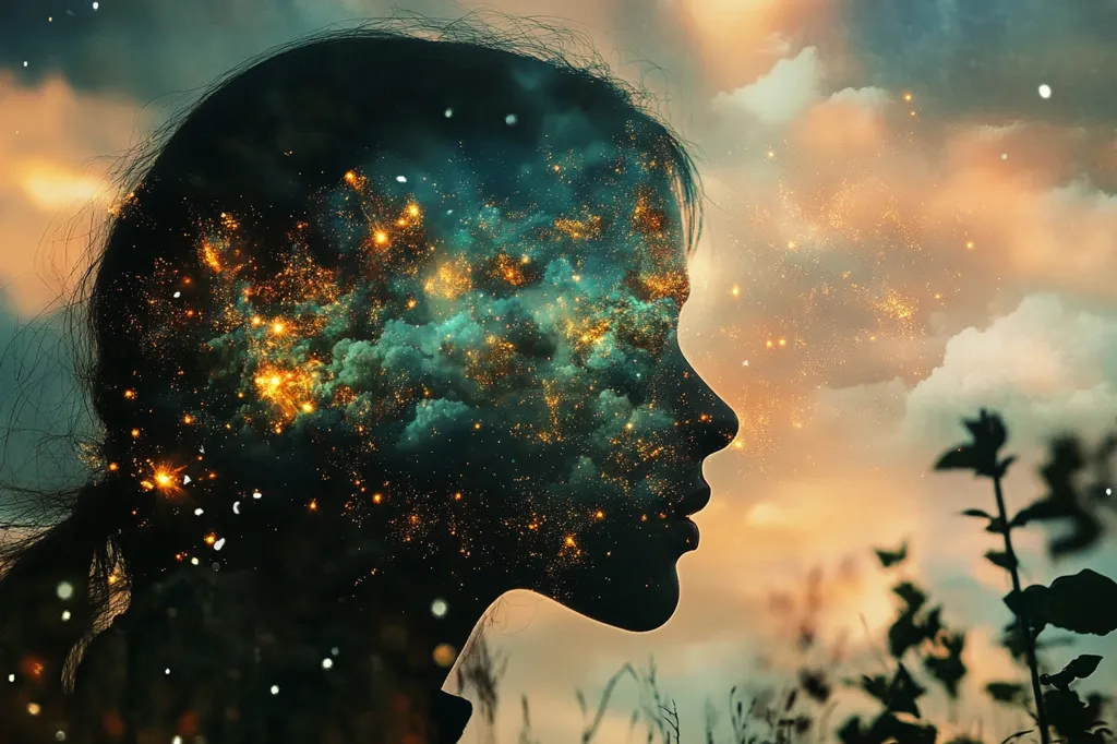 The image shows a silhouette of a woman's head, facing right, with a cloudy, starry sky inside her head, and a soft, dreamy background. The sky is filled with a cloud-like formation with sparkling lights, suggesting a sense of wonder and possibility. The woman's profile is obscured by the celestial scene, creating a sense of mystery and introspection. The overall effect is one of beauty, imagination, and the connection between the inner world and the outer world.