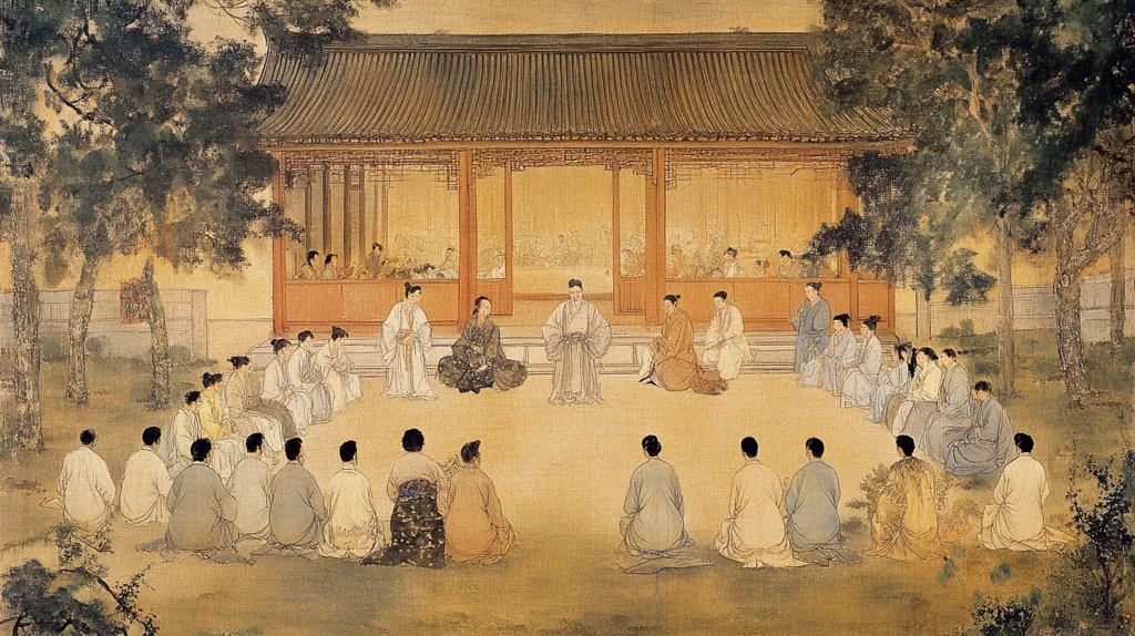 The image depicts a gathering of people in traditional Chinese clothing, seated in front of a large pavilion. The figures are arranged in a semi-circle, with a central figure seated prominently.  The pavilion has a tiled roof and ornate wooden pillars, surrounded by lush greenery. The scene evokes a sense of formality and tradition, perhaps depicting a gathering of scholars or dignitaries. The soft colors and delicate brushstrokes create a peaceful and serene atmosphere.