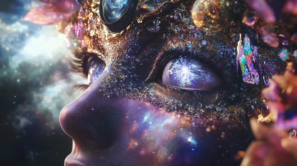 A close-up of a woman's face, her eye is a swirling galaxy of stars and nebulae. Her skin is covered in shimmering dust and iridescent crystals, and a galaxy-shaped ornament rests on her forehead. The image is filled with a sense of wonder and cosmic beauty.  The background is a blurry, out-of-focus galaxy.