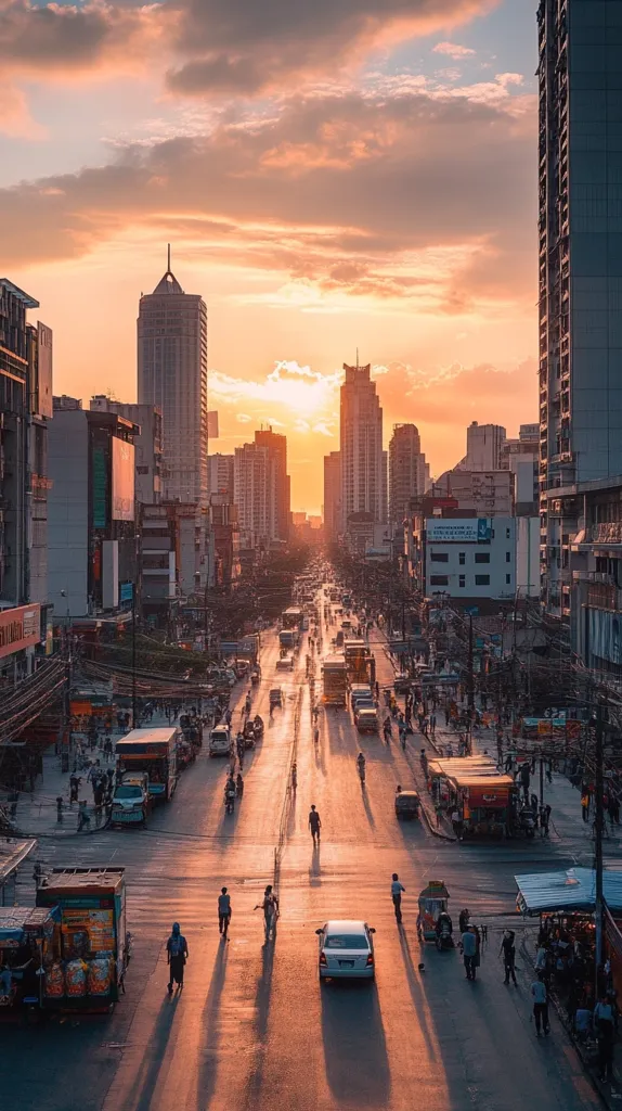 A bustling city street scene at sunset, with tall buildings lining the road.  A long line of traffic flows down the center, with pedestrians walking on the sidewalks.  The sky is a vibrant orange and pink, casting long shadows across the street.  The overall feel is vibrant and busy, yet peaceful.