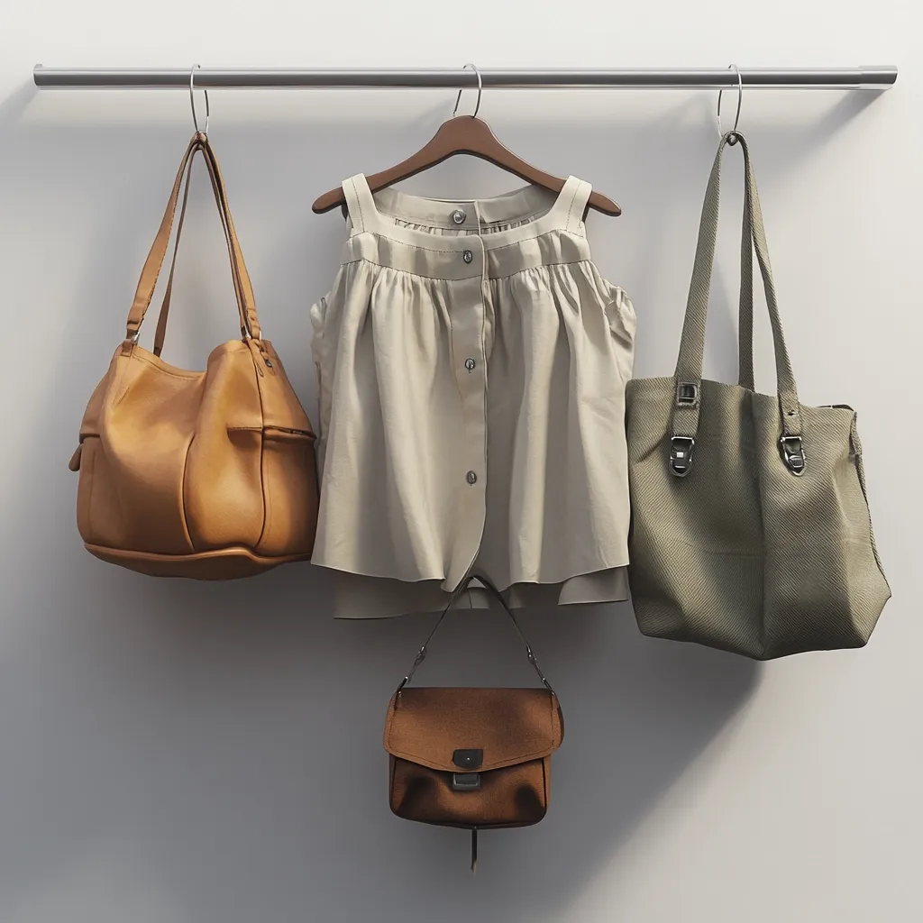 Three bags hang from a silver rod against a white wall. One is a tan leather satchel, the other is a green canvas tote, and the third is a brown leather satchel with a flap closure. A beige sleeveless blouse with buttons hangs from a wooden hanger in between the two larger bags.