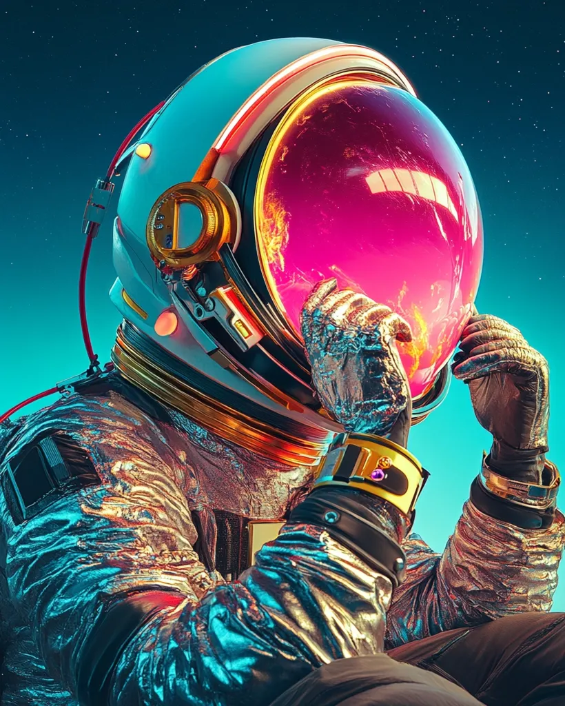 An astronaut wearing a futuristic silver spacesuit with gold accents is gazing at Earth through their helmet visor. The Earth is a glowing pink and orange orb reflecting in the visor. The astronaut has a thoughtful expression, and their gloved hands are placed on their helmet.  The background is a deep blue space with stars twinkling. The image evokes a sense of wonder, contemplation, and the vastness of space.