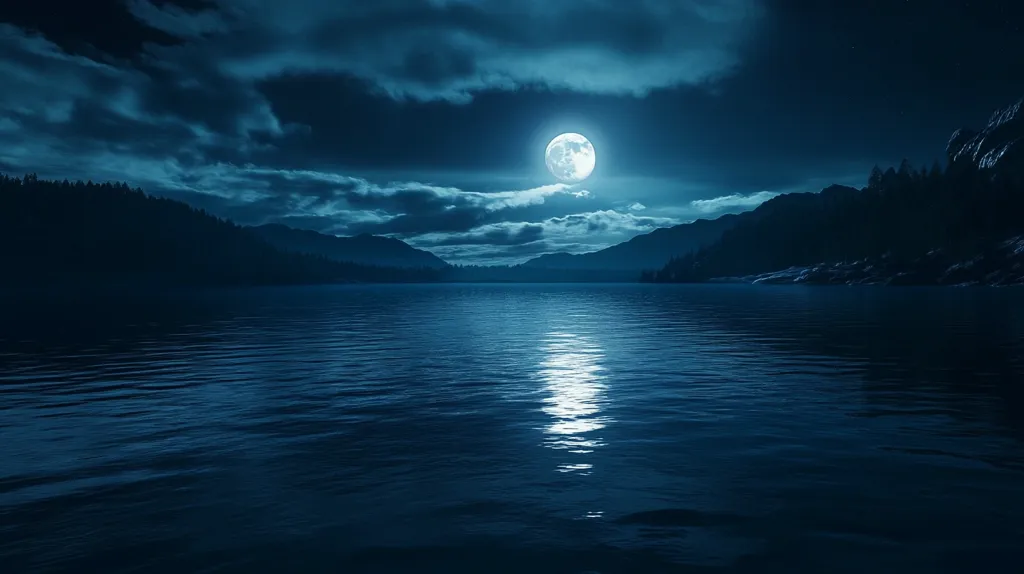 A serene night scene with a full moon illuminating a tranquil lake. The water is calm, reflecting the moon's glow. Silhouettes of trees and mountains line the horizon, creating a peaceful and atmospheric composition. The dark blue tones enhance the sense of mystery and quietude.