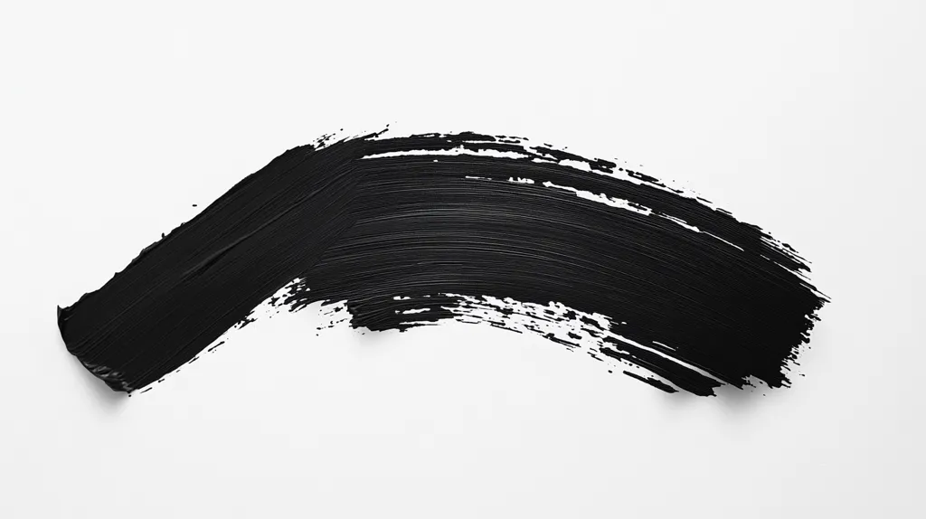 A single, thick black brushstroke curves across a white background. The brushstrokes are visible within the black paint, creating a textured effect. The stroke is roughly half-circular, with the ends tapering off. The image is minimalist and abstract, evoking a sense of movement and energy.