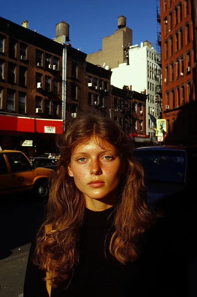A young woman with long, reddish-brown hair and freckles stands in front of a city backdrop. Her face is bathed in warm sunlight, contrasting with the shadows cast by the tall buildings behind her. She wears a black turtleneck sweater and her expression is neutral, yet her eyes seem to hold a sense of curiosity and maybe even a hint of melancholy. The urban landscape behind her is a mix of red brick and faded white paint, creating a sense of both vibrancy and decay.  The image captures a fleeting moment in time, suggesting a story that lies beyond the frame.