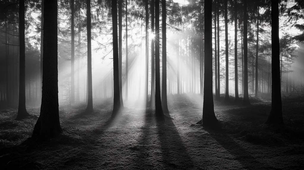 The image is a black and white photograph of a forest. The trees are tall and slender, and their branches are bare. The sun is shining through the trees, casting long shadows on the ground. The forest floor is covered in a layer of leaves and twigs. The air is hazy with mist, giving the scene a mysterious and ethereal quality. The image captures the beauty and tranquility of a forest on a foggy morning.