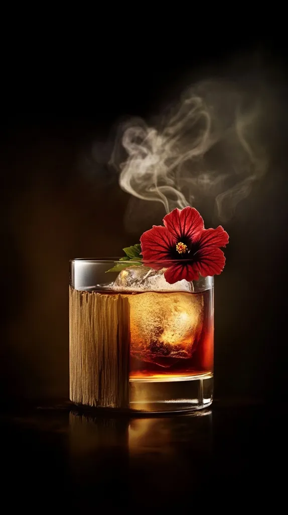 A glass of amber liquid with ice rests on a dark surface. A single, vibrant red hibiscus flower with green leaves sits atop the rim of the glass. Wispy, white steam rises from the drink, suggesting a warm beverage. The background is a dark, blurred expanse.