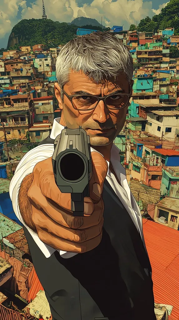 A man with salt and pepper hair and glasses is holding a handgun in front of him, pointing it directly at the viewer. He has a serious expression on his face and is dressed in a suit jacket. Behind him, a sprawling cityscape of colorful buildings unfolds, creating a dramatic backdrop for the scene. The image evokes a sense of danger and intensity.