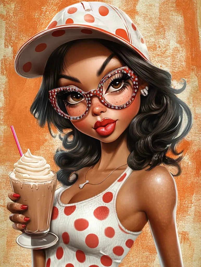 A woman with dark brown hair and skin is wearing a white tank top with large red polka dots, a white and red polka dot baseball cap, and large black framed glasses. She is holding a chocolate milkshake and looking seductively at the viewer. The background is an orange color. The image is a digitally painted illustration.