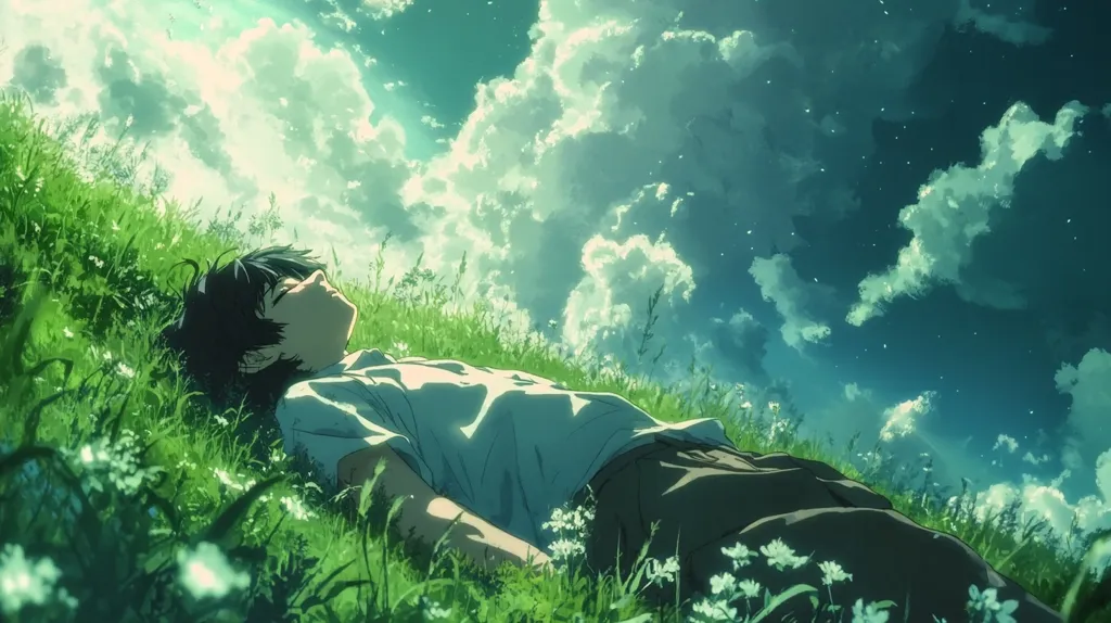 The image depicts a young man lying in a field of tall grass and white flowers, gazing up at a bright blue sky filled with fluffy white clouds.  The scene evokes a sense of peace and tranquility, suggesting a moment of relaxation and contemplation. The vibrant green of the grass and the soft blue of the sky create a sense of serenity. The image is rendered in a cartoon style with soft lines and colors, enhancing the dreamy atmosphere.  The overall effect is one of simple beauty and quiet contentment.