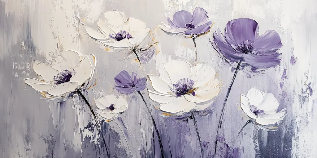 The painting depicts a field of flowers with a soft, dreamy aesthetic. The flowers are painted in shades of white and purple, with the white flowers standing out against a pale purple background. The brushstrokes are thick and expressive, creating a sense of texture. The painting evokes a sense of serenity and peace.