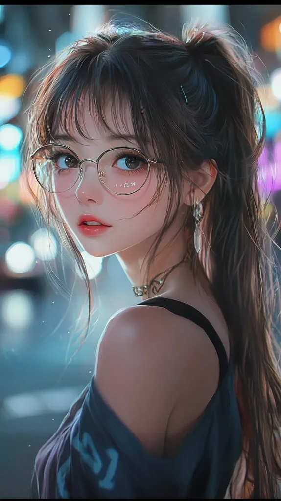 The image shows a young woman with long brown hair, wearing round glasses and a black strap top. Her hair is pulled back in a ponytail, and she has a gentle smile on her face. The background is blurred, but it seems to be a city scene at night, with bright lights in the distance. The overall tone of the image is soft and romantic.